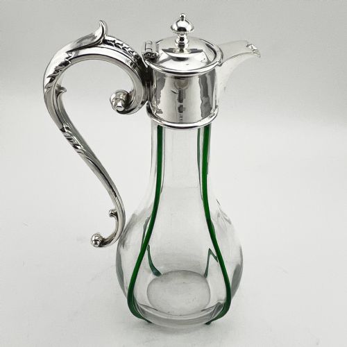 edwardian silver plated claret jug with green applied ribs - CATEGORY: ANTIQUE SILVER - DATED 1900