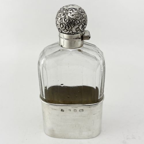 victorian glass and sterling silver hip flask with removable gilt cup - CATEGORY: ANTIQUE SILVER - DATED 1890