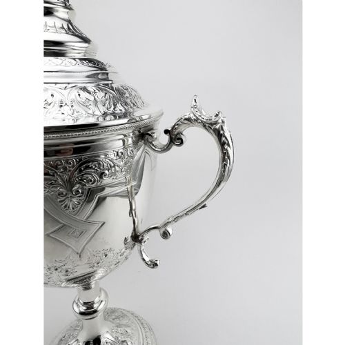 VERY LARGE VICTORIAN SILVER PLATED LIDDED TROPHY CUP - ADDITIONAL PHOTO 2