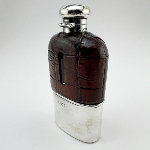 EDWARDIAN SILVER AND LEATHER CROCODILE STYLE HIP FLASK - ADDITIONAL PHOTO 1