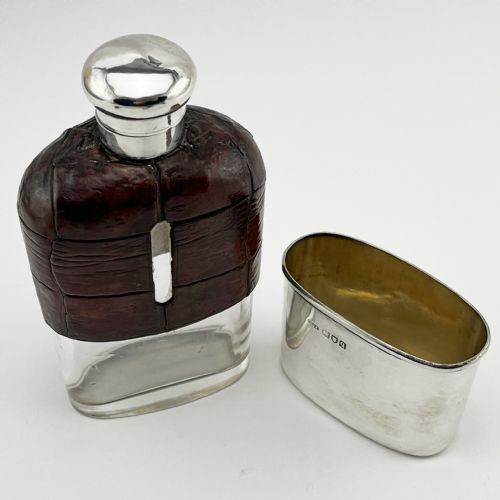 EDWARDIAN SILVER AND LEATHER CROCODILE STYLE HIP FLASK - ADDITIONAL PHOTO 2
