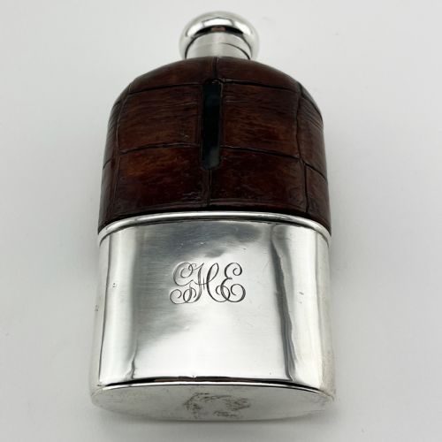 EDWARDIAN SILVER AND LEATHER CROCODILE STYLE HIP FLASK - ADDITIONAL PHOTO 6