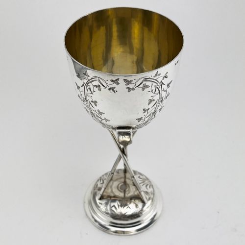 UNUSUAL CHINESE EXPORT STERLING SILVER ROWING TROPHY OR GOBLET