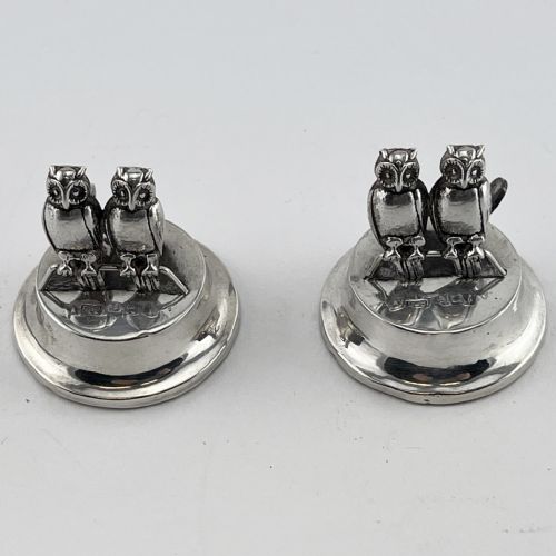 pair of figural sterling silver owl menu holders - CATEGORY: ANTIQUE SILVER - DATED 1910
