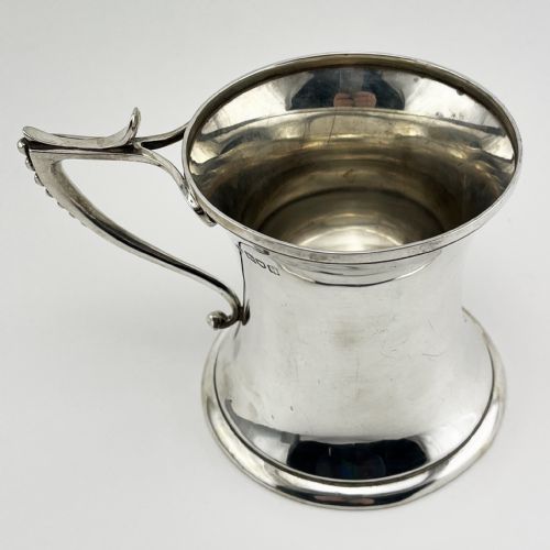 UNUSUAL SHAPED EDWARDIAN STERLING SILVER MUG WITH SCROLL HANDLE