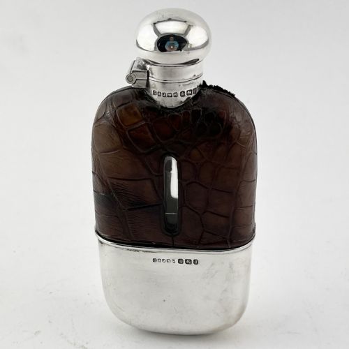 late victorian sterling silver crocodile or leather hip flask - CATEGORY: ANTIQUE SILVER - DATED 1880