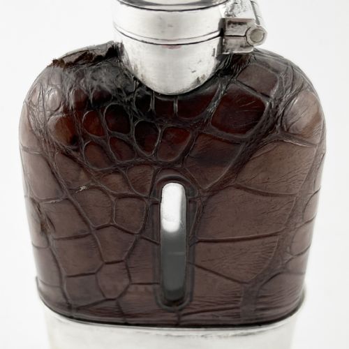 LATE VICTORIAN STERLING SILVER CROCODILE OR LEATHER HIP FLASK - ADDITIONAL PHOTO 1