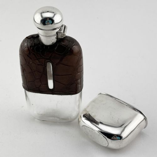 LATE VICTORIAN STERLING SILVER CROCODILE OR LEATHER HIP FLASK - ADDITIONAL PHOTO 3