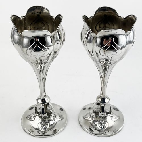 UNUSUAL PAIR OF ART NOUVEAU STYLE STERLING SILVER VASES
