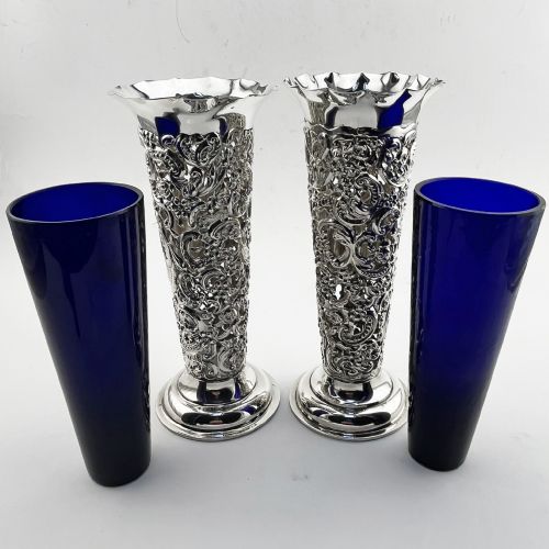 PAIR OF DECORATIVE LATE VICTORIAN STERLING SILVER VASES - ADDITIONAL PHOTO 3
