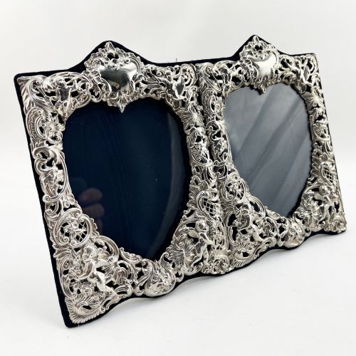 Victorian Double Heart William Comyns Sterling Silver Photo Frame