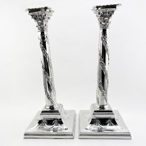 Substantial Pair Silver Plated Candlesticks with Corinthian Style Capitals