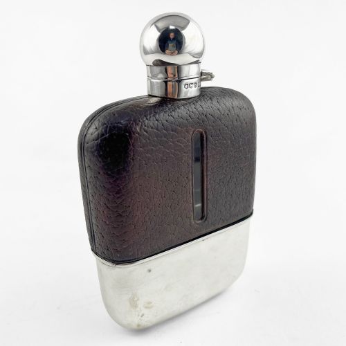 Exceptional Large Sterling Silver and Leather Hip Flask