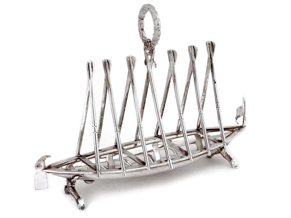 Silver Plated Rowing Boat Toast Rack with Oars, Rudder and Pennant Flag
