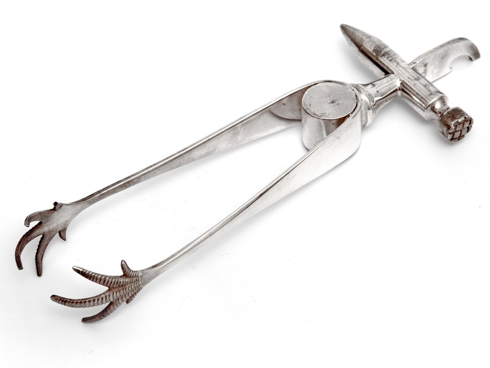 P.H.V. & Co Silver Plated Claw Ice Tongs with Ice Hammer and Bottle Opener