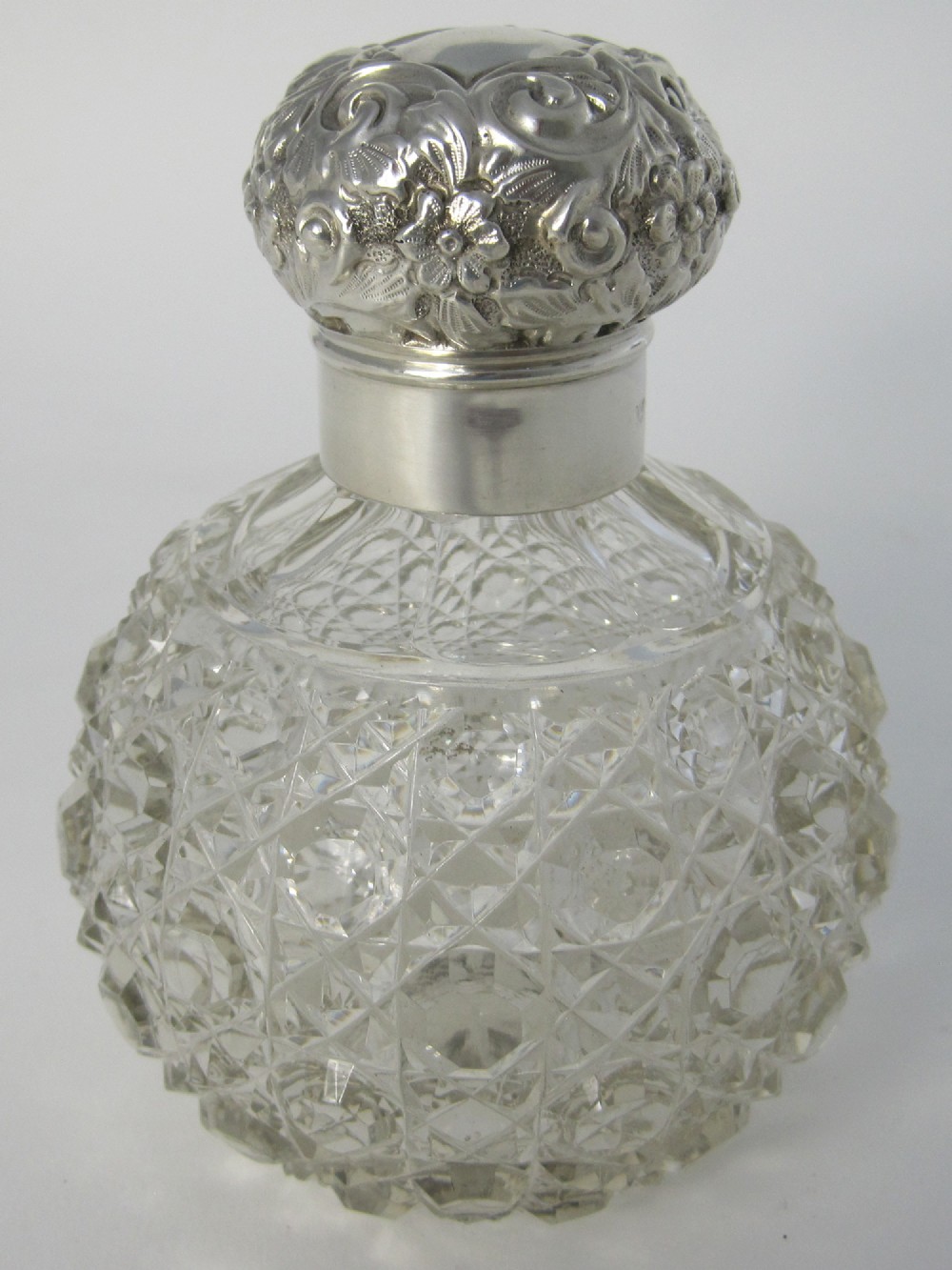 Victorian Silver and Cut Glass Perfume Bottle with Floral and Scroll Pattern Lid
