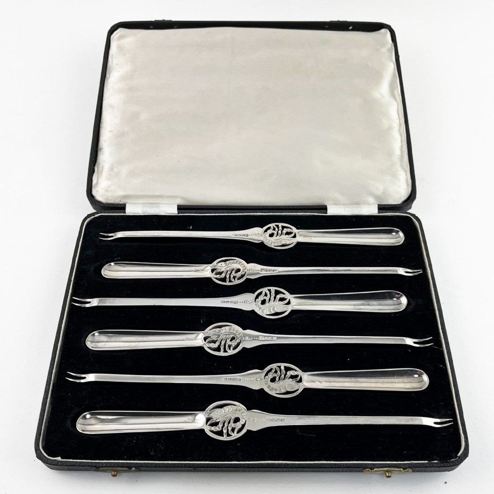 Superior Boxed Set of Six Silver Plated Lobster Picks