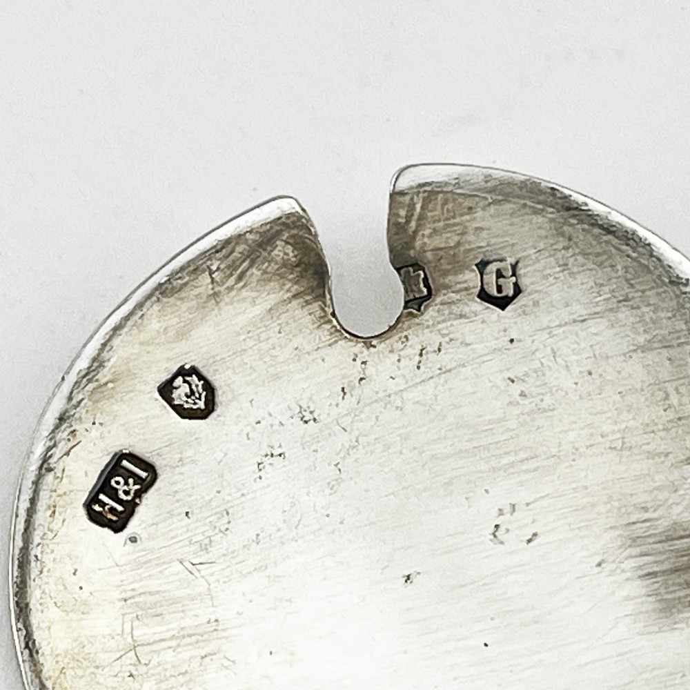 A sterling silver mustard pot styled in the shape of a Scottish thistle with a flat hinged lid and an inserted matching silver spoon. View VII