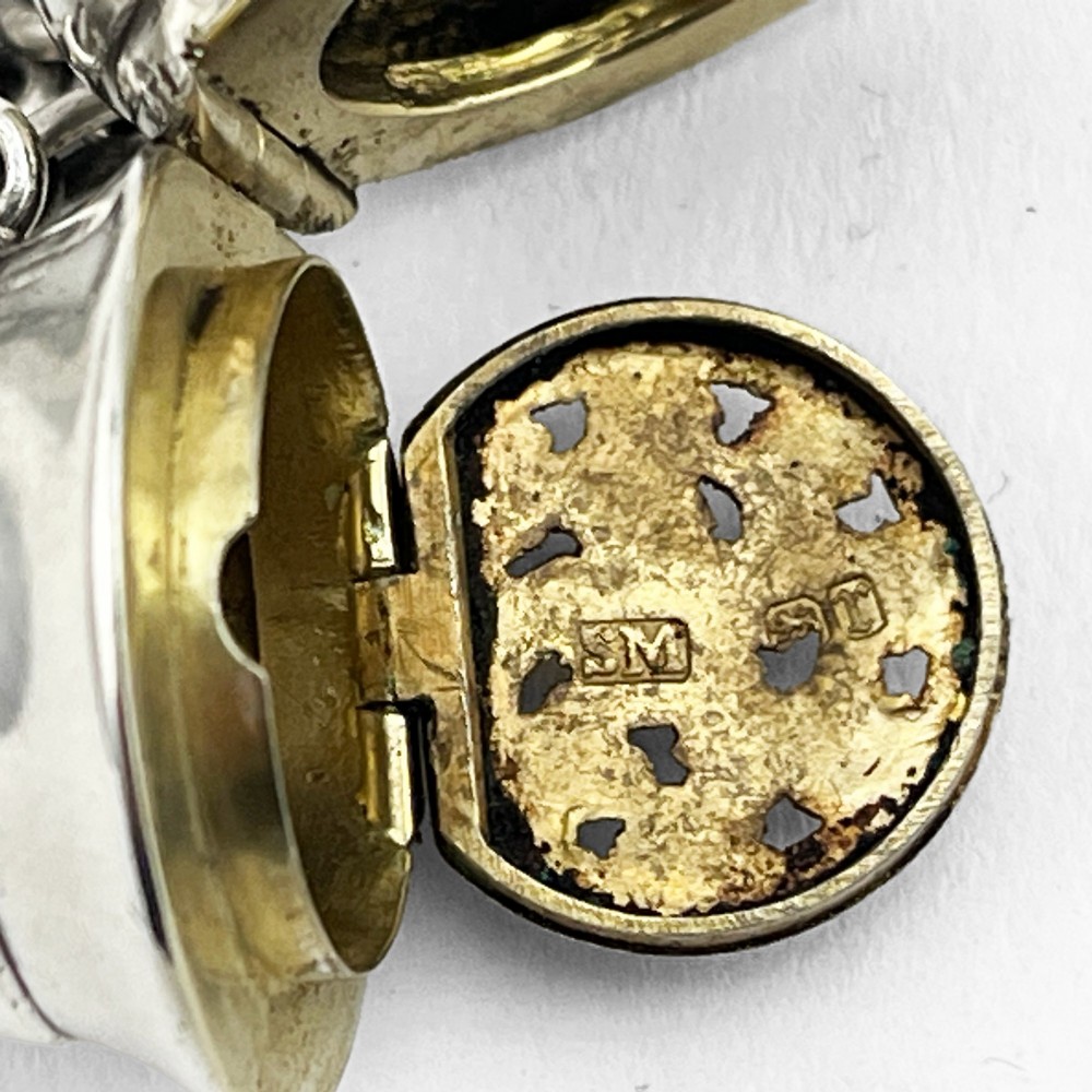 A Victorian sterling silver horn-shaped scent bottle with attached chain links and stamped British hallmarks. View VI