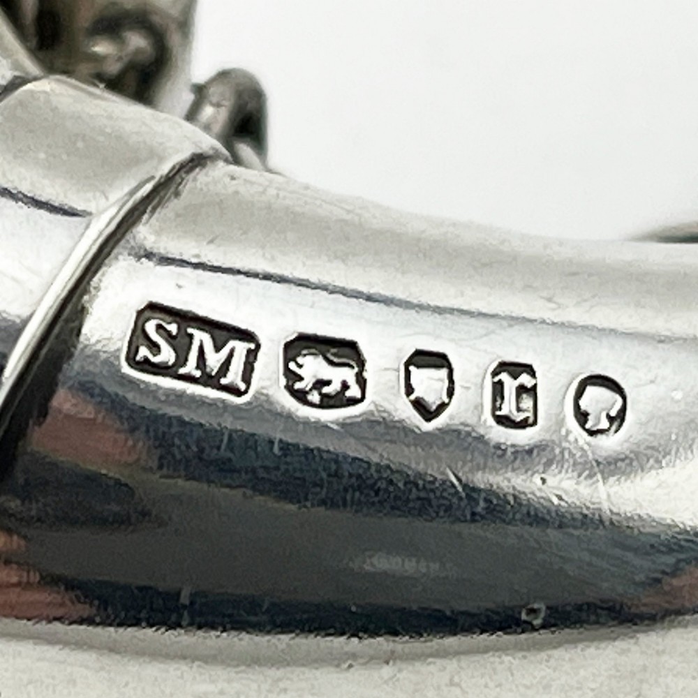 A Victorian sterling silver horn-shaped scent bottle with attached chain links and stamped British hallmarks. View VII