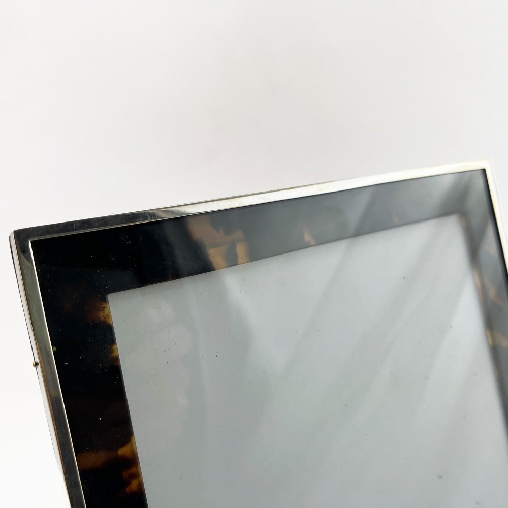 A rectangular picture frame with a mottled brown tortoiseshell border encased within a slim sterling silver outer rim. View IV