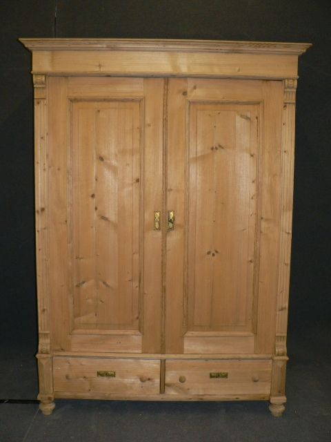 Large Antique Pine Wardrobe with 2 Bottom Drawers