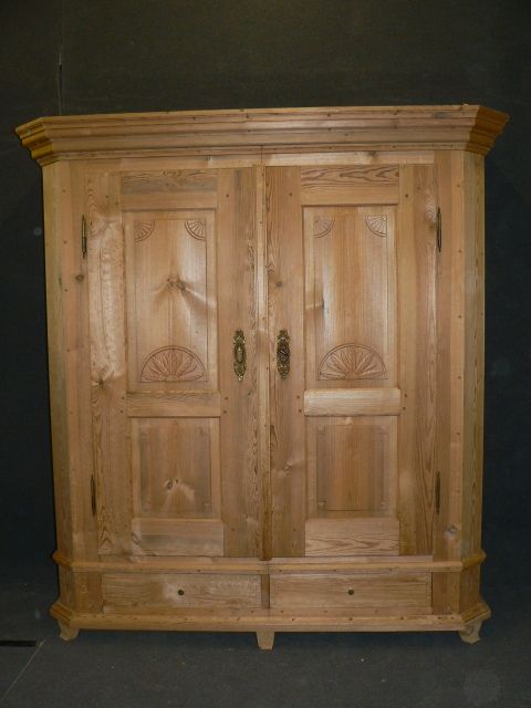 Large Antique Pine Wardrobe with 2 Bottom Drawers
