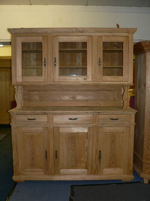 Large Antique Pine Dresser with Top Glazed Doors.
