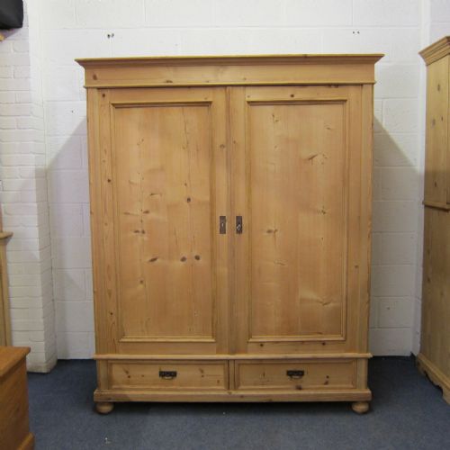 Large Antique Pine Wardrobe with 2 Bottom Drawers