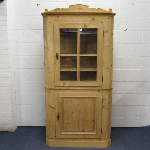 Large Old Pine Glazed Corner Cupboard