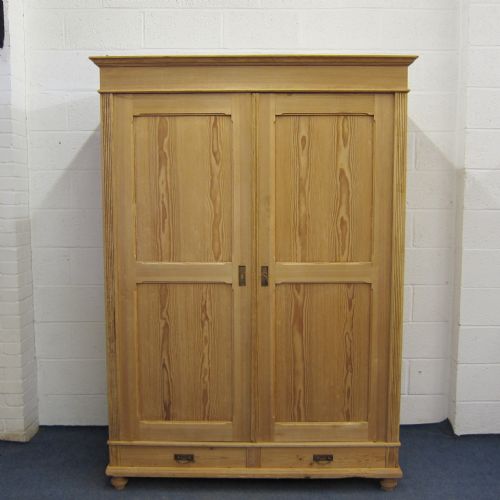Large Antique Pine Double Wardrobe with Bottom Drawers