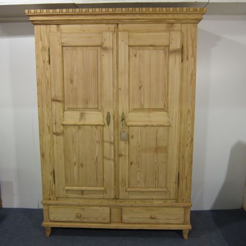 Very Old Large, Deep Pine Wardrobe with 2 Bottom Drawers