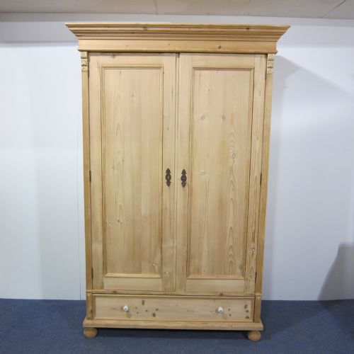 One Piece Antique Pine Double Wardrobe with Bottom Drawer