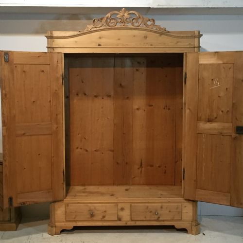 fig 1. Large Antique Pine Double Wardrobe with Ornate Crown Top