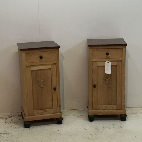 Pair of Antique Pine Bedside Cupboards with Marble Tops