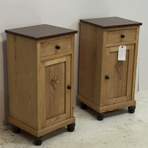 fig 1. Pair of Antique Pine Bedside Cupboards with Marble Tops