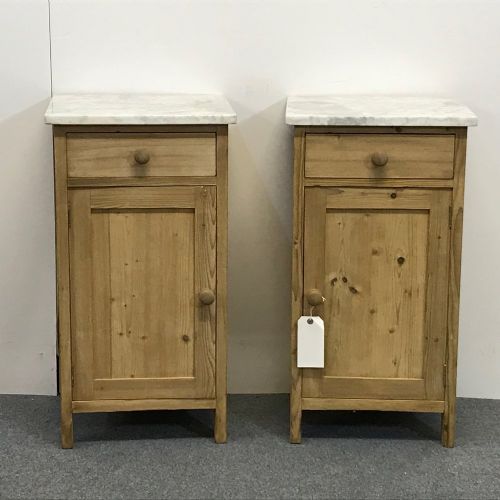 Pair of Antique Pine Beside Cupboards with Marble Tops