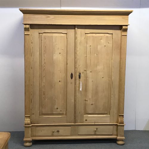 Antique Pine Double Wardrobe with Bottom Drawers