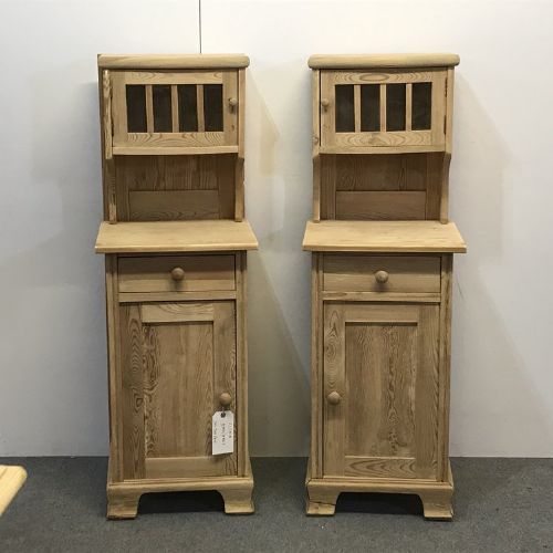 Pair of Old Pine Bedside Cupboards with Glazed Top Cabinets