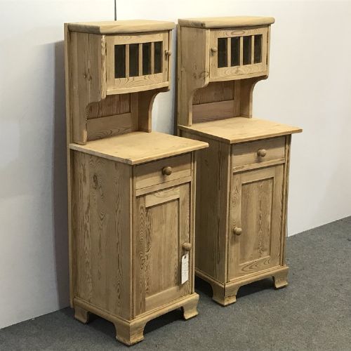 fig 1. PAIR OF OLD PINE BEDSIDE CUPBOARDS WITH GLAZED TOP CABINETS