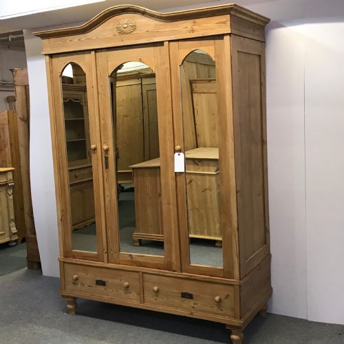 fig 1. DEEP ANTIQUE PINE TRIPLE MIRRORED WARDROBE (DISMANTLES)