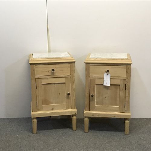 Pair of Antique Pine Bedside Cupboards with Marble Tops