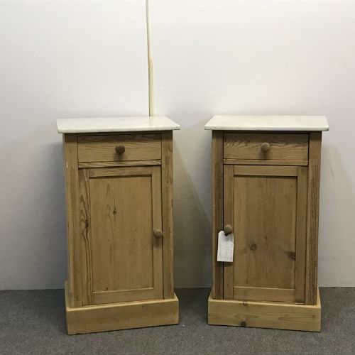 Pair of Antique Pine Bedside Pot Cupboards with Marble Tops