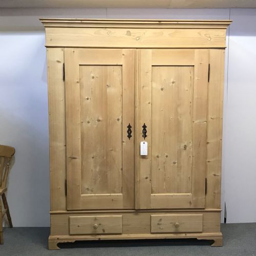 Large Double Antique Pine Wardrobe with Bottom Drawers