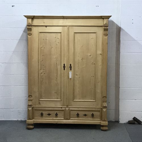 Large 2 Door Antique Pine Wardrobe with 2 Drawers (Dismantles)