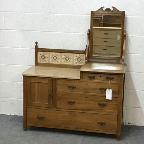 Edwardian Satin Walnut Dresser / Chest with Mirror