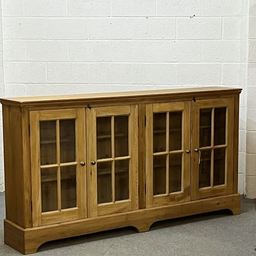 fig 1. WIDE & LOW ANTIQUE PINE GLAZED DOOR WAXED BOOKCASE