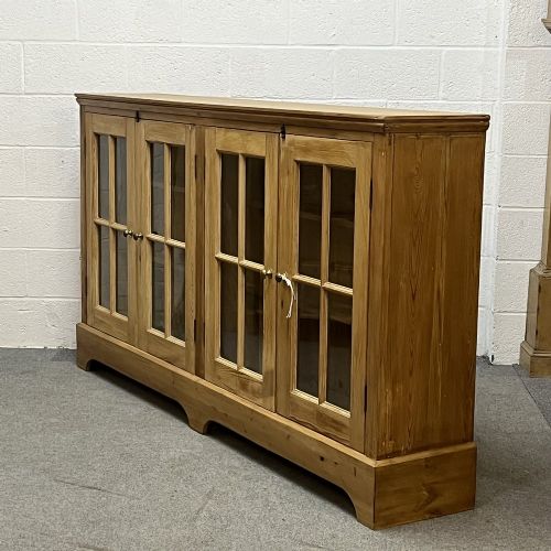fig 2. WIDE & LOW ANTIQUE PINE GLAZED DOOR WAXED BOOKCASE