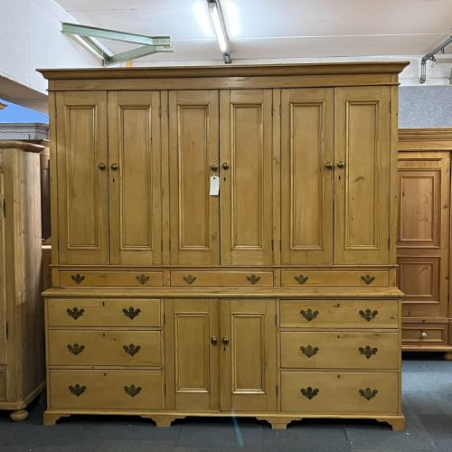 Huge Mid Victorian English Pine Housekeepers Cupboard with Drawers