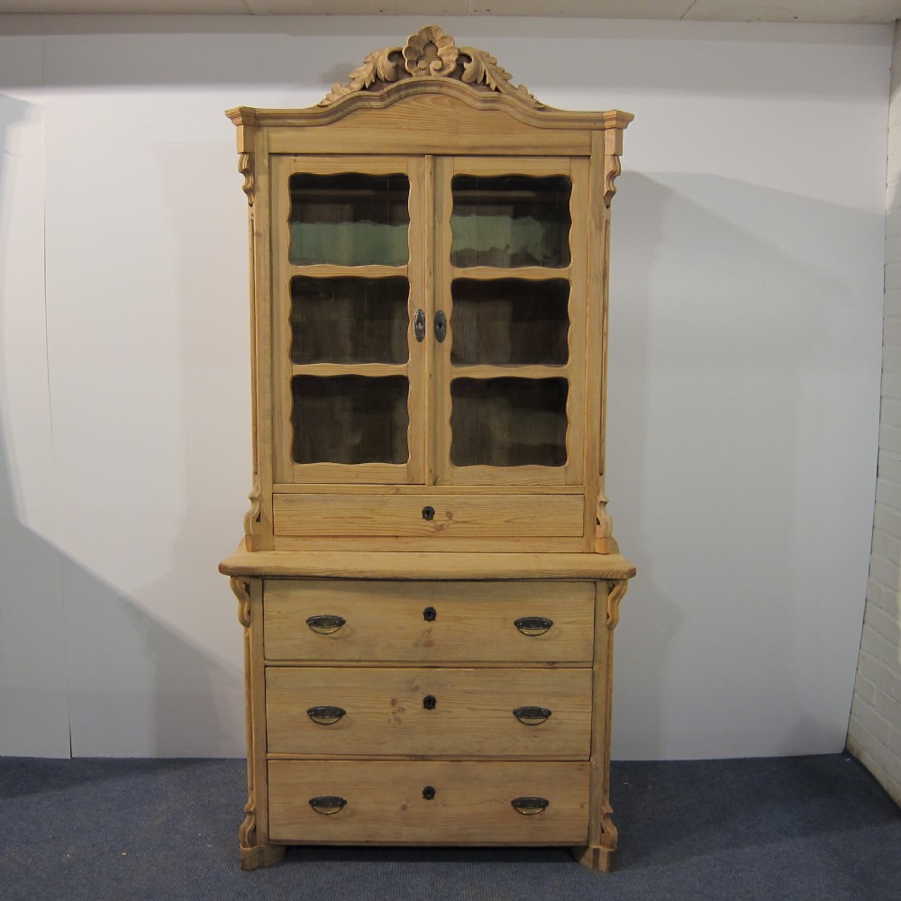 Tall partly glazed old pine dresser with drawers